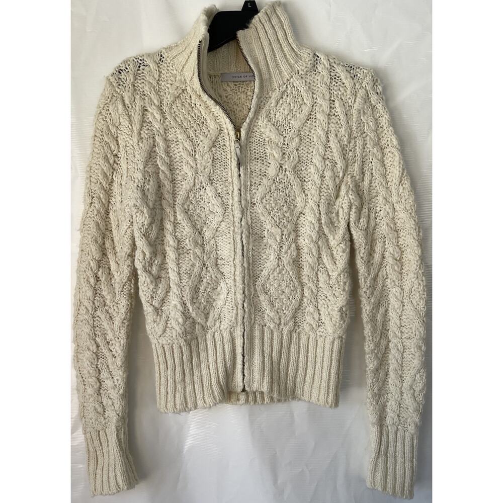 VOV Voice of Voices Wool Blend Cable Knit Women’s Sweater Ivory Full Zip Sz S